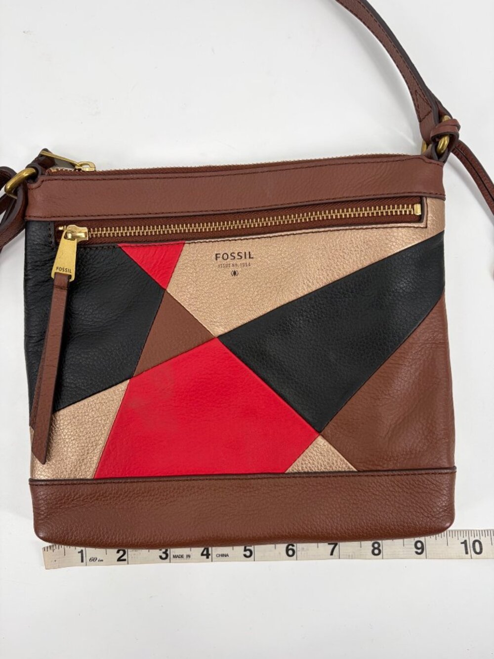 Fossil Fiona Boho Leather Color Block Crossbody Bag Inner Pockets Key Charm - Picture 2 of 7